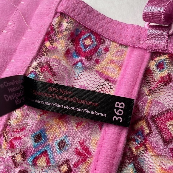 BLACK FUCHSIA Bra 36B Push Up Wide Band Stretch Lace Pink Geo Print Underwire - Picture 6 of 11